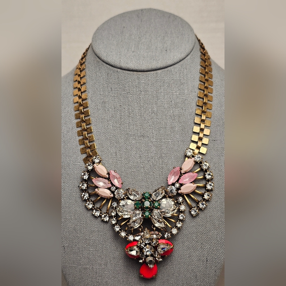 [J. Crew] Chunky Art Deco Style Crystal Fan Bib Statement Necklace Rare Classic